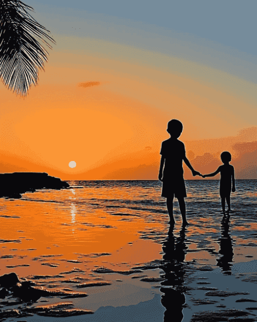 Silhouette of Kids on Beach Diamond Painting