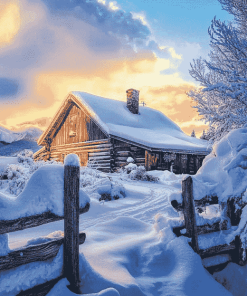 Snowy Landscape Cabin Diamond Painting