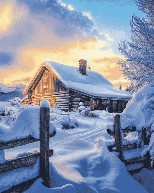 Snowy Landscape Cabin Diamond Painting