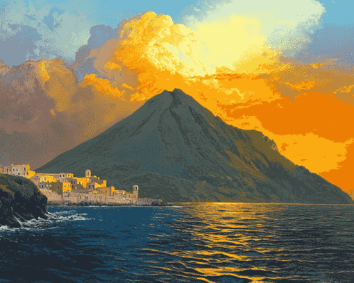 Stromboli Sicily Volcano Landscape Diamond Painting