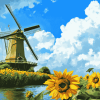 Sunflower and Dutch Windmill Landscape Diamond Painting