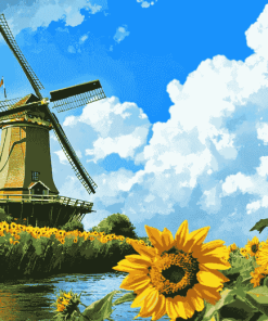 Sunflower and Dutch Windmill Landscape Diamond Painting