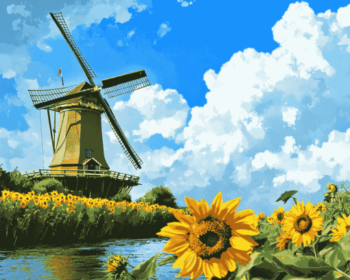 Sunflower and Dutch Windmill Landscape Diamond Painting