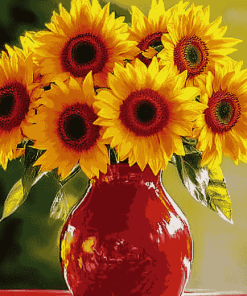 Sunflowers in Vibrant Red Vase Diamond Painting