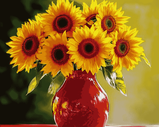 Sunflowers in Vibrant Red Vase Diamond Painting