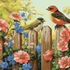 Vibrant Birds and Flowers on Fence Diamond Painting