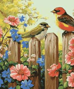 Vibrant Birds and Flowers on Fence Diamond Painting