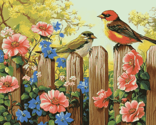 Vibrant Birds and Flowers on Fence Diamond Painting