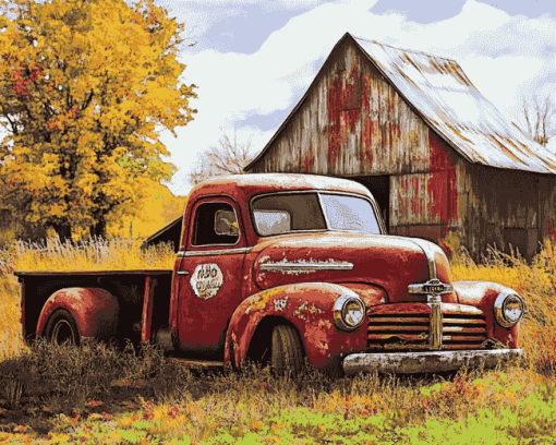 Vintage Red Truck Barn Diamond Painting