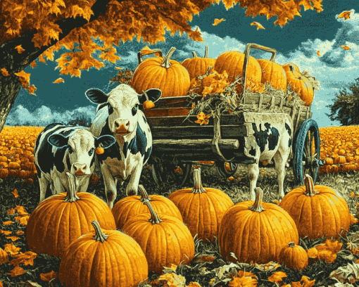 Whimsical Wagon Cows Diamond Painting