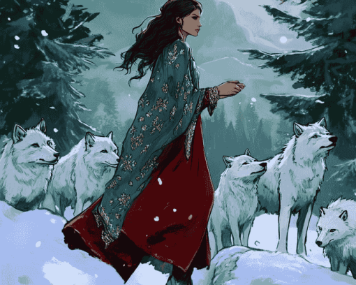 Woman and Wolves Animation Diamond Painting